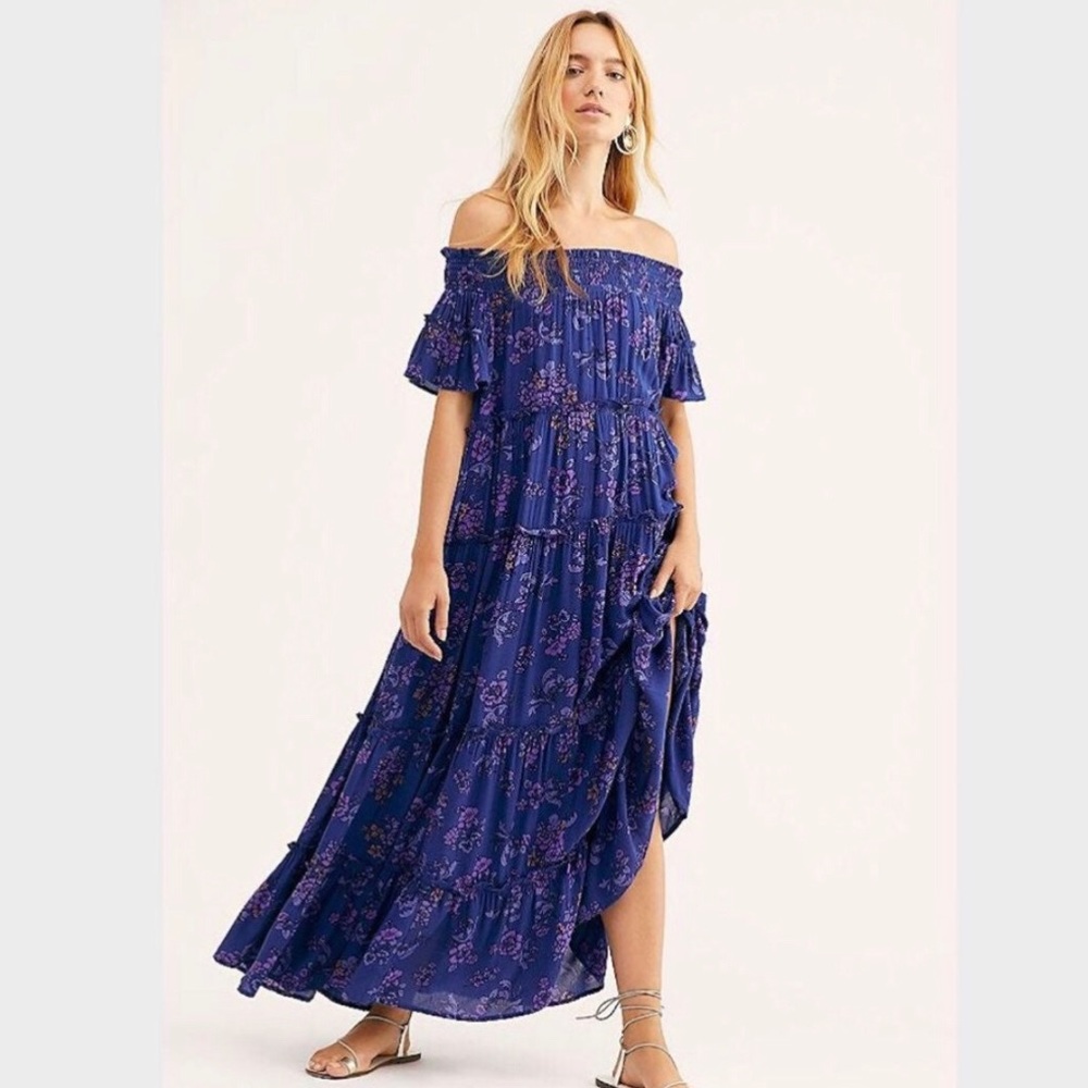 Free People Blue Floral Off Shoulder Maxi Dress